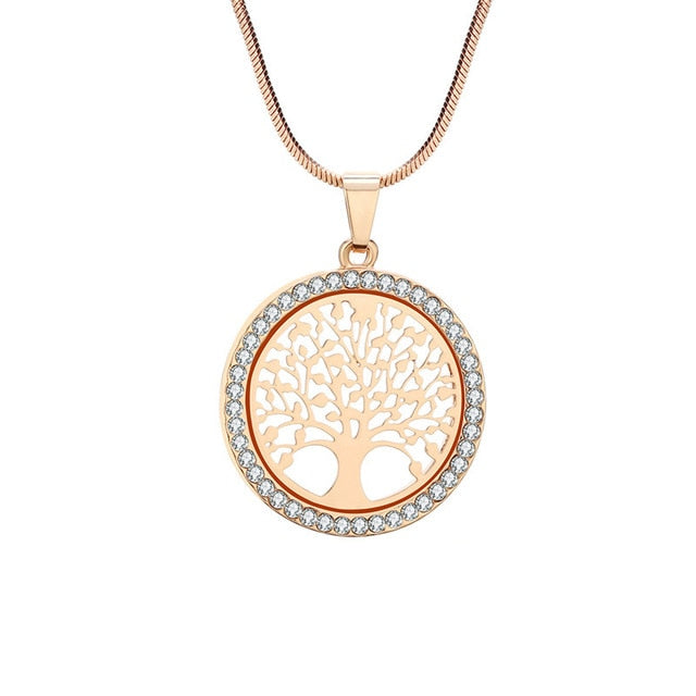 Tree of Life Crystal Round Small Pendant Necklace